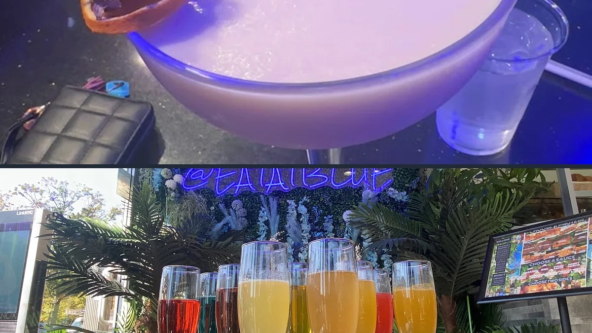 Colorful plates on a restaurant table.