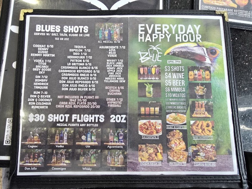 Colombian breakfast items listed on a menu page.